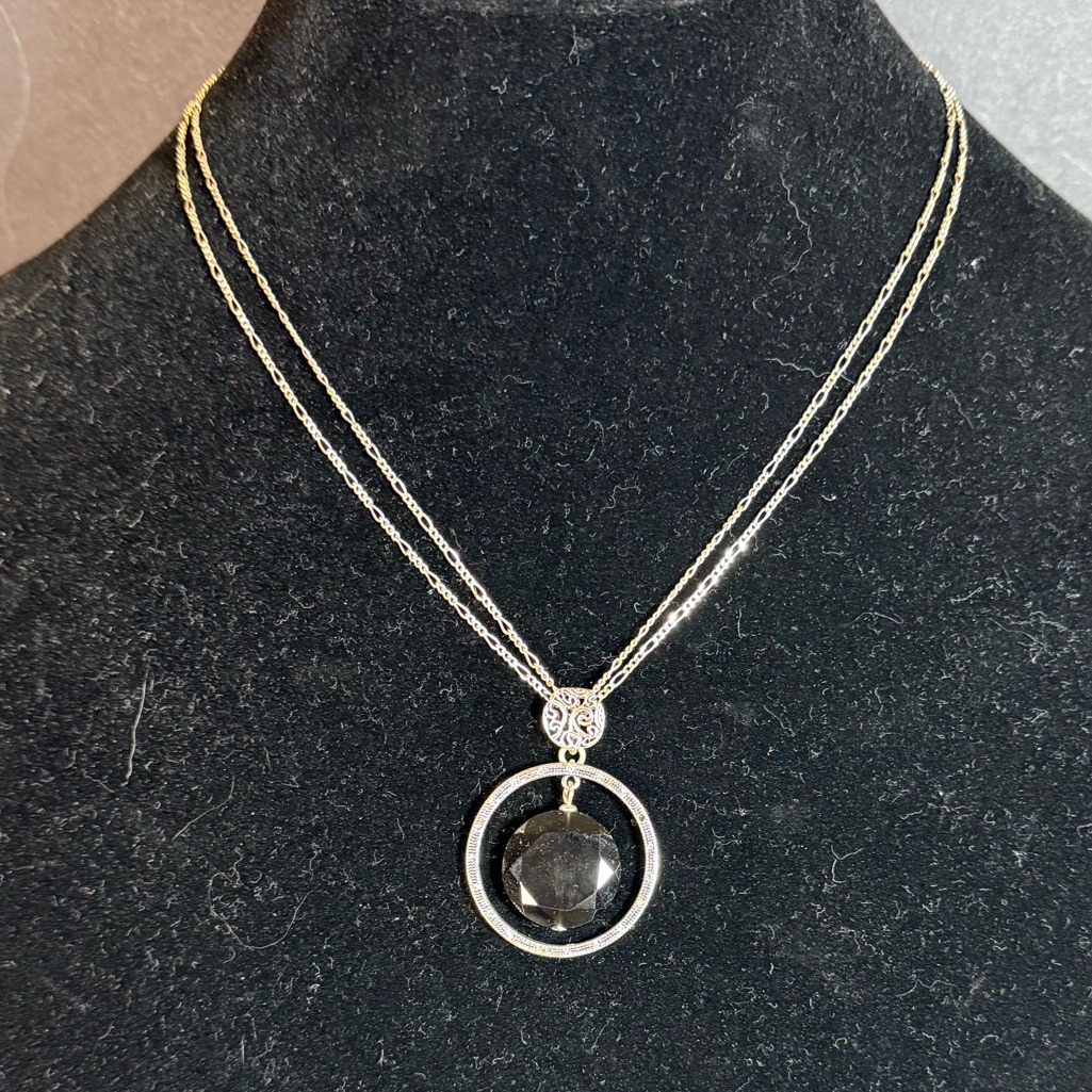 Etienne Aigner Silver Tone Double Chain Pendant Necklace Black Stone 18$